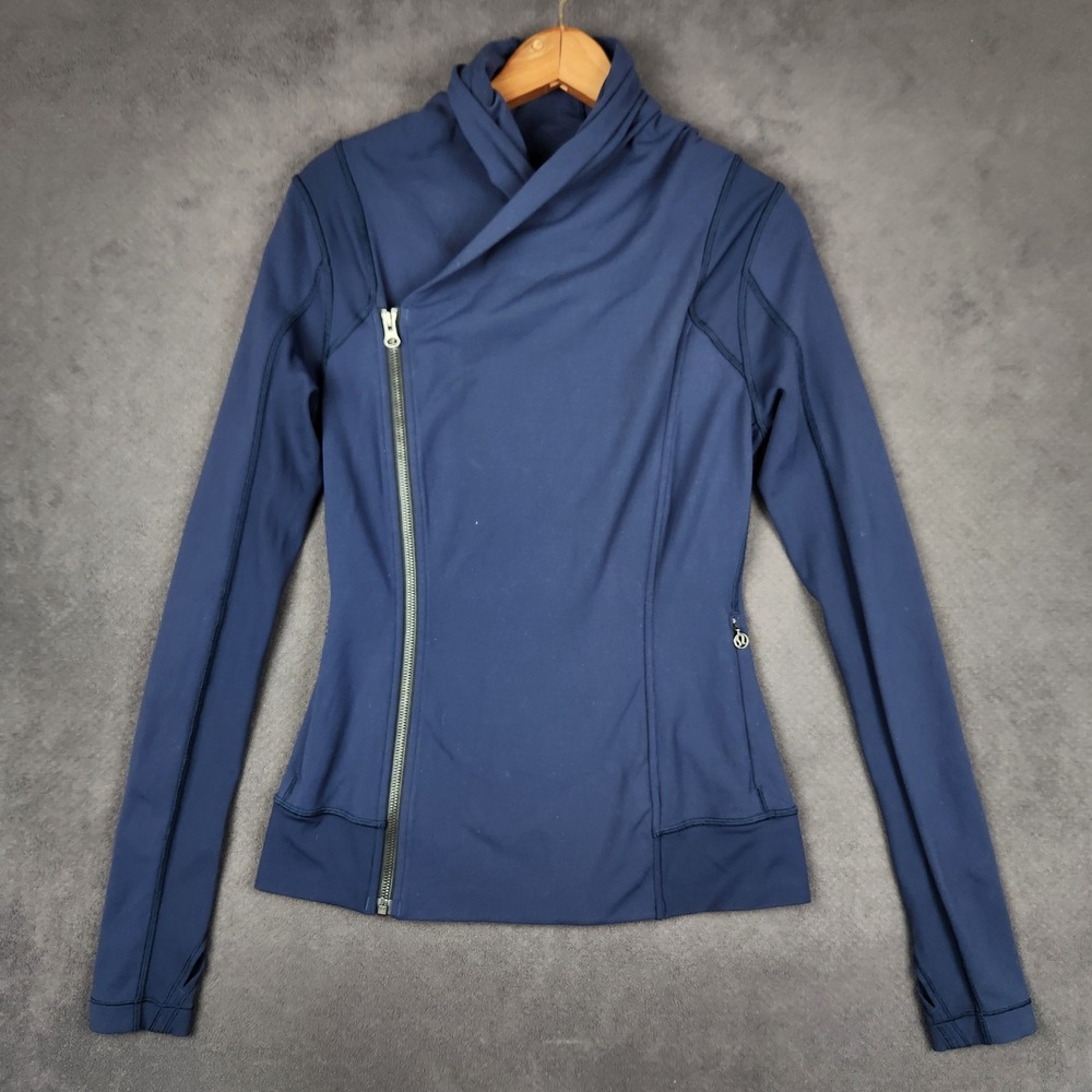 Lululemon Bhakti Yoga‎ Jacket Womens 6 Blue Asymmetrical Double Zip Thumbholes